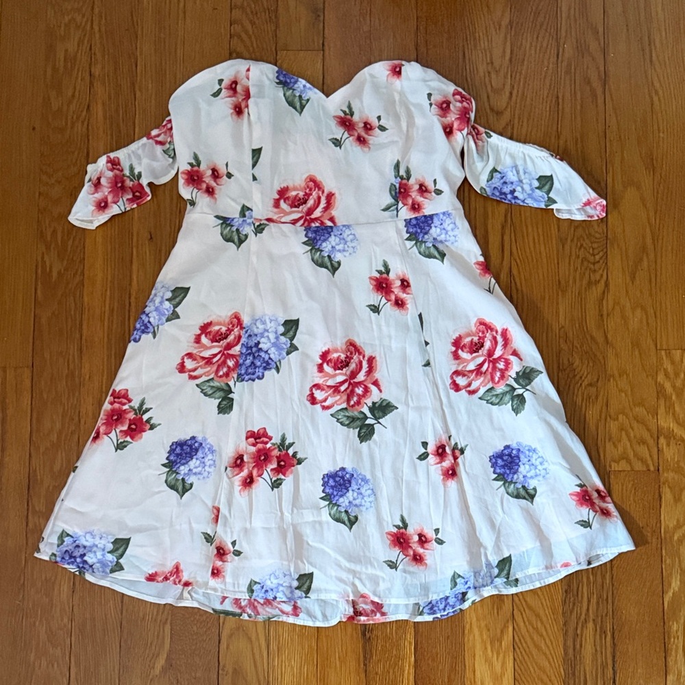 Forever 21 White Off-Shoulder Floral Dress with Pink & Purple Flowers